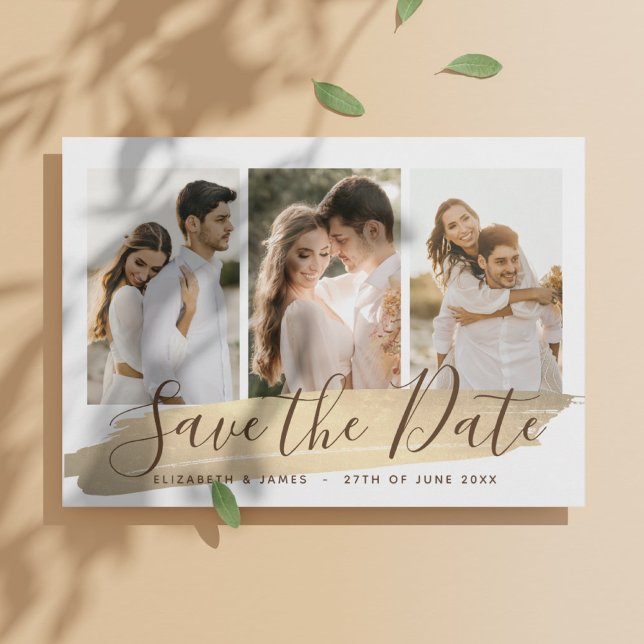 Faire or 4 Photo Save The Date Invitation de Maria (4 photo Elegant Save the Date Wedding Invitation - Bohemian, gold
)