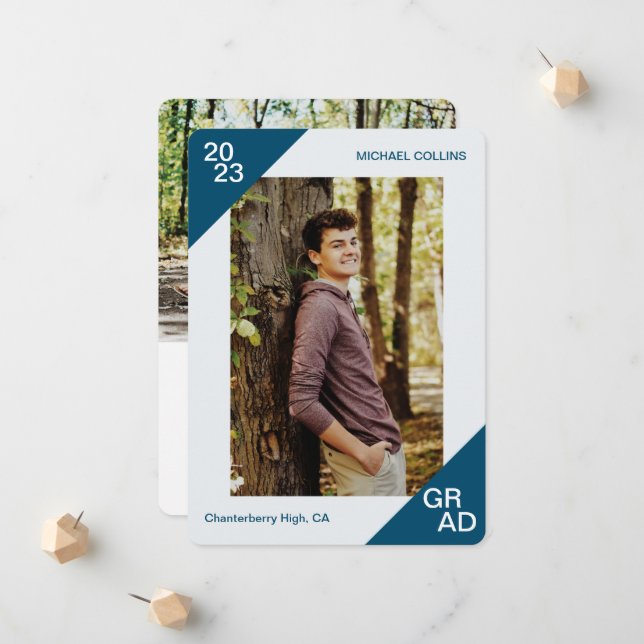 Faire-part 20XX Grad Photo personnalisée simple coin bleu (Devant/Arrière en situation)