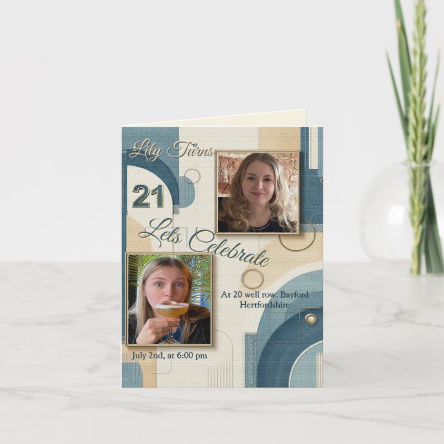 Faire-part 21e Anniversaire crème bleu fleur amande (Devant)