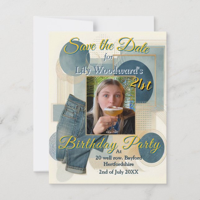 Faire-part 21e Anniversaire crème bleu fleur amande (Devant)