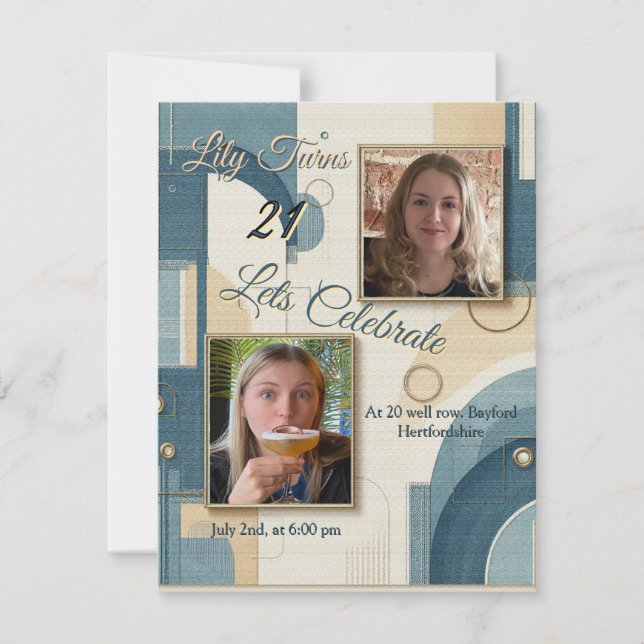 Faire-part 21e Anniversaire crème bleu fleur amande (Devant)