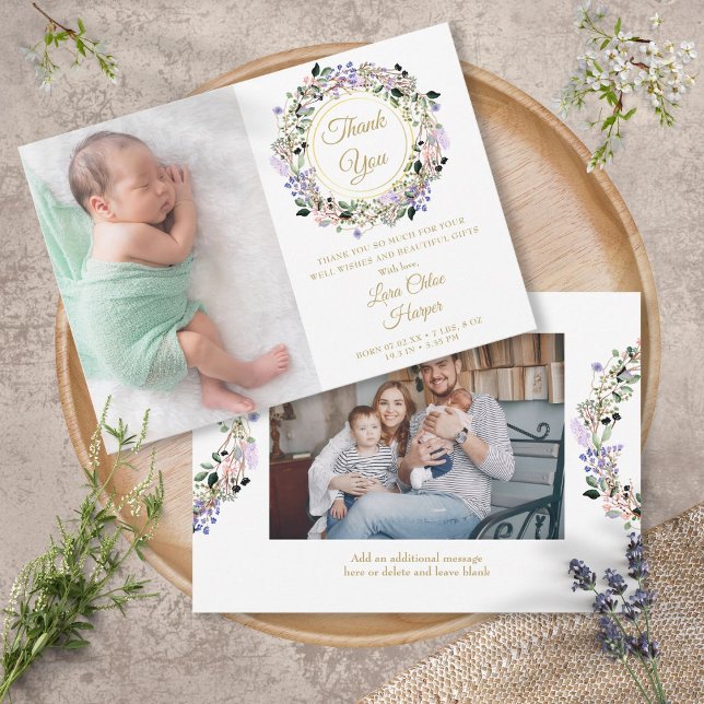 Faire-part 2 Photo Floral Baby Gold Merci naissance (2 Photo Floral Baby Gold Thank You Birth Announcement)