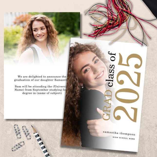 Faire-part 2 photo moderne Gold Black Texte 2023 Graduation A (Front and back view)