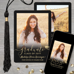 Faire-part 2 Photo Moderne Simple Script Black Gold Graduatio