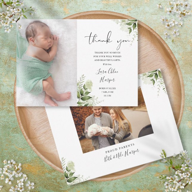 Faire-part 2 Photos de verdure florale remerciement naissance (2 Photos Greenery Floral Thank You Baby Birth Announcement)