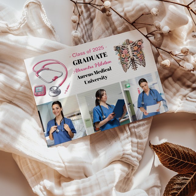 Faire-part 3 Photo Aquarelle rose École de soins infirmiers (Créateur téléchargé)