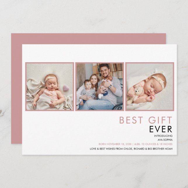 Faire-part 3 Photo Baby Girl Dusty Rose rose naissance (Devant / Derrière)