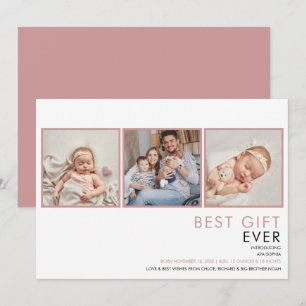 Faire-part 3 Photo Bébé Fille Rose Poussiéreux Naissance