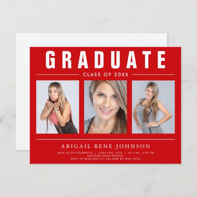 Faire-part 3 Photo Collage Graduate Rouge et Blanc (Devant / Derrière)