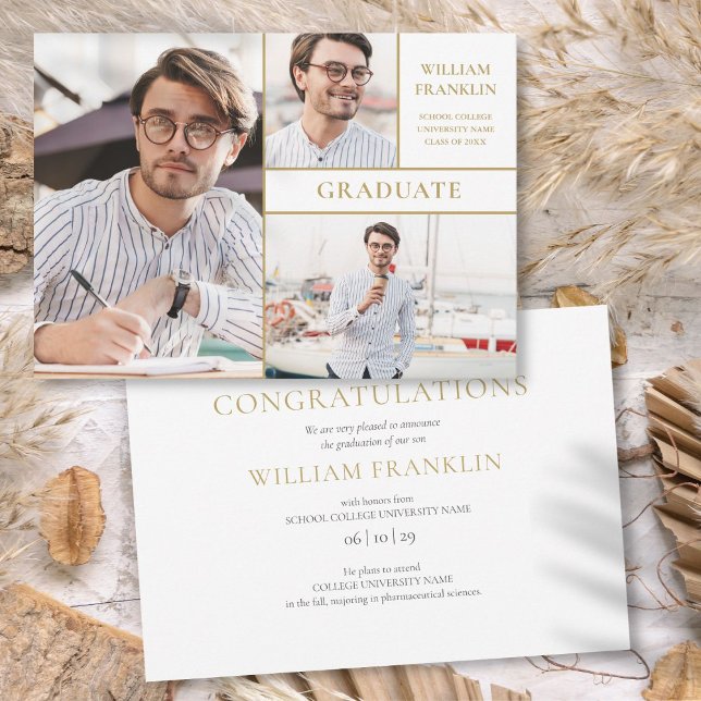 Faire-part 3 Photo Collage Moderne Gold Graduation (3 Photo Collage Modern Gold Graduation Announcement)