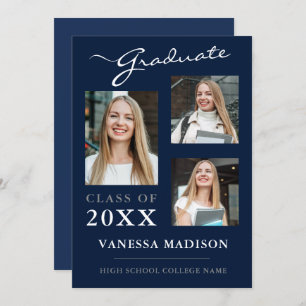 Faire-part 3 photo Modern Navy Blue Graduation