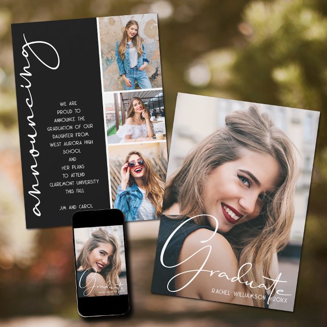 Faire-part 4 Collage de graduation photo noir et blanc Script (4 Photo Graduation Collage Black and White Script Announcements)