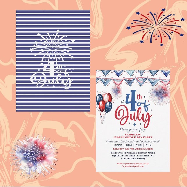 Faire-part 4 juillet Balloon Moderne Calligraphie Party Invit (4th July Calligraphy Independence Party Invitation)