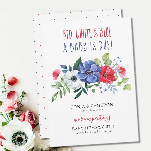 Faire-part 4 Juillet Rouge Blanc Bleu Bébé Dû Grossesse Flora (Créateur téléchargé)