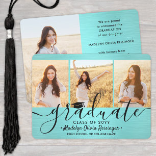 Faire-part 4 Photo Brossé Turquoise Bleu Noir Simple Graduati
