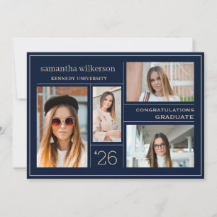 Faire-part 4 Photo Collage Bleu & Or Congrats Graduate