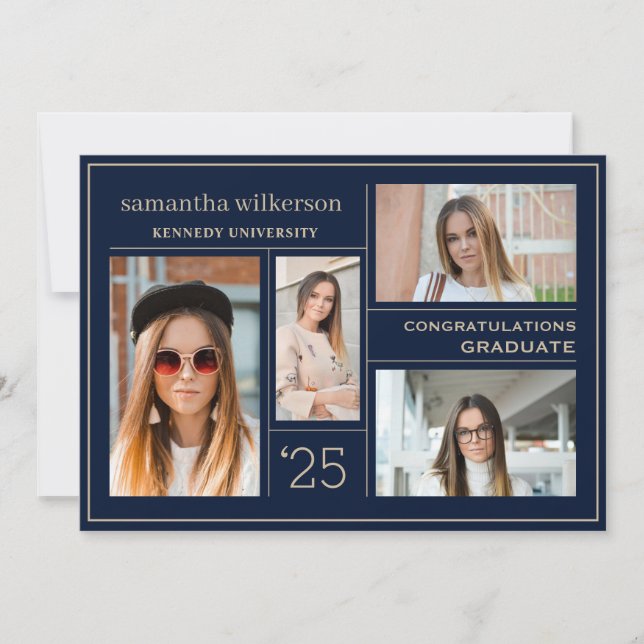 Faire-part 4 Photo Collage Bleu & Or Congrats Graduate (Devant)