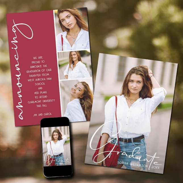 Faire-part 4 Photo Collage de diplômes Crimson (Créateur téléchargé)