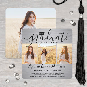Faire-part 4 Photo Collage Graduation Moderne Brossé Gris