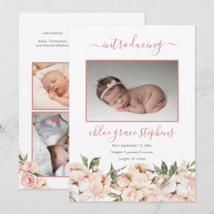 Faire-part 4 Photo Collage Peonies Floral Girl Birth Annonce