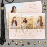 Faire-part 4 Photo Graduation Collage Script Blush Pink Gold<br><div class="desc">Partagez la joie d'un diplôme d'études secondaires ou collégiales avec ces annonces personnalisées 4 photo collage rose vif et or. Toutes les images et le libellé sont simples à personnaliser. (CONSEIL EN MATIÈRE DE PLACEMENT D'IMAGE : Une façon simple de centrer une photo exactement comment vous voulez est de la...</div>