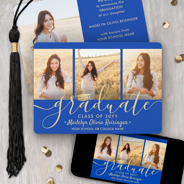 Faire-part 4 Photo Graduation Collage Script Royal Blue Gold (Créateur téléchargé)
