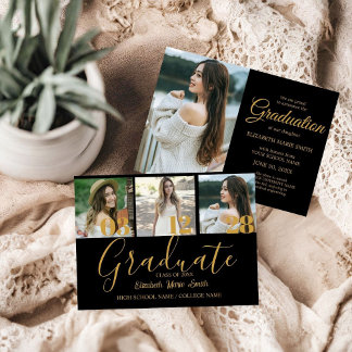 Faire-part 4 Photo Graduation Collage Simple Gold Script