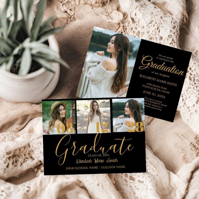 Faire-part 4 Photo Graduation Collage Simple Gold Script (Créateur téléchargé)