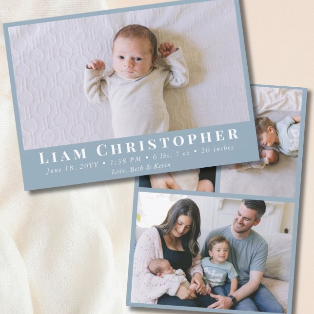 Faire-part 4 Photo Moderne Minimal Dusty Bleu Simple Naissanc (4 Photo Modern Minimal Dusty Blue Simple Birth Announcement
)
