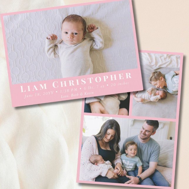 Faire-part 4 Photo Moderne Minimal Rose Simple Bébé Naissance (4 Photo Modern Minimal Pink Simple Baby Birth Announcement
)