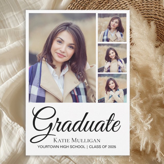 Faire-part 4 Script Photo Arrière-plan modifiable Graduation (4-photo graduation announcement card)