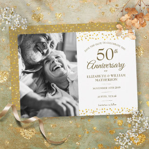 Faire-part 50e Anniversaire Coeurs d'or Sauvez la Date Photo