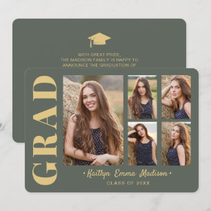 Faire-part 5 Photo Grad Collage de script moderne Sage et or