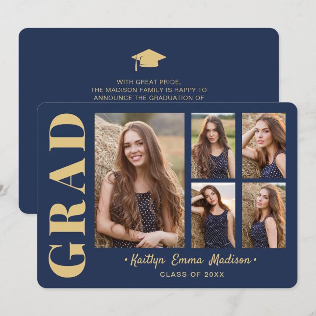 Faire-part 5 Photo Grad Collage Script moderne Marine Blue Go (Devant / Derrière)