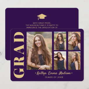 Faire-part 5 Photo Grad Collage Script moderne violet et or