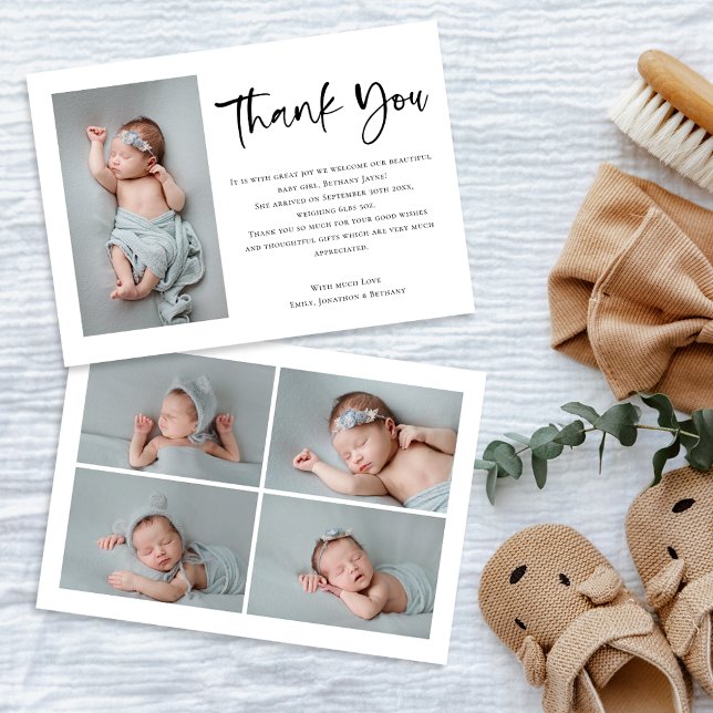 Faire-part 5 Photos Bébé fille ou garçon Script Merci (Front and back view)