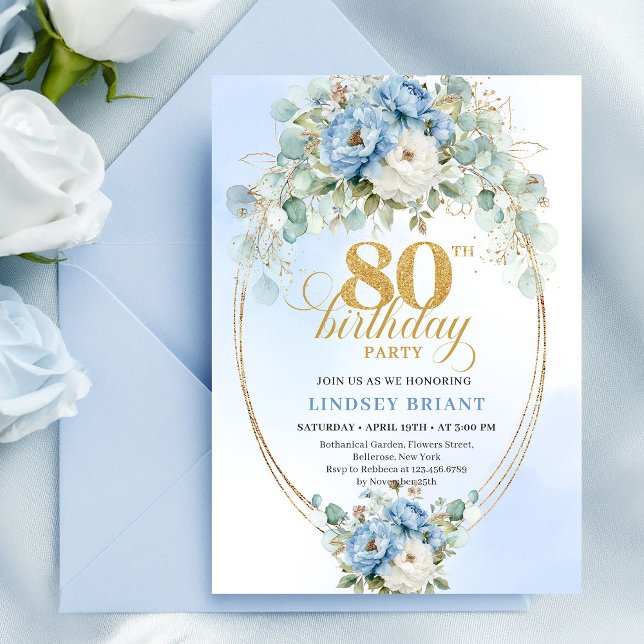 Faire-part 80 ans Bleu Pivoines Eucalyptus Or (Blue Peonies Eucalyptus Greenery Gold 80th Invite)