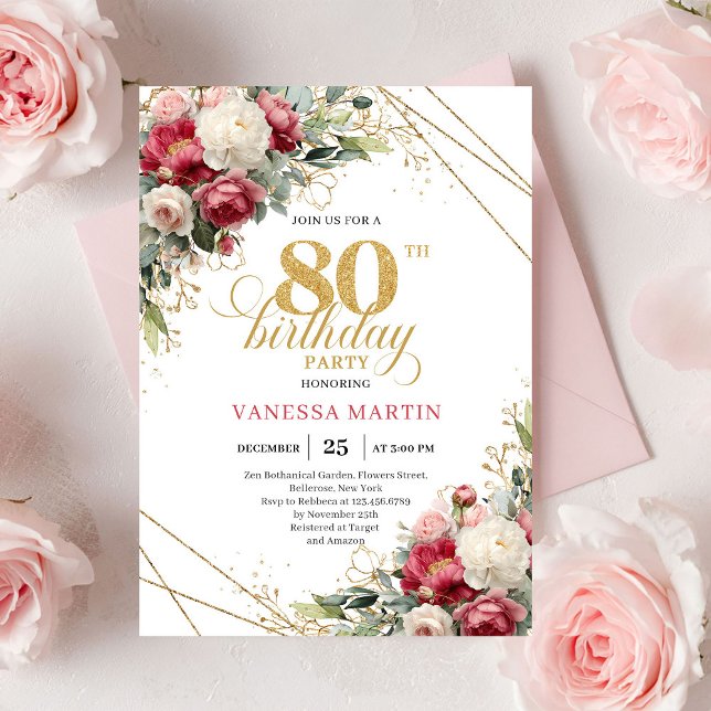 Faire-part 80 ans floral blanc Bourgogne vert  (Burgundy white floral 80th birthday invite with greenery

)