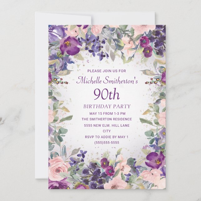 Faire-part 90 ans à Fleurs Rose avec Teinte Violet (Devant)