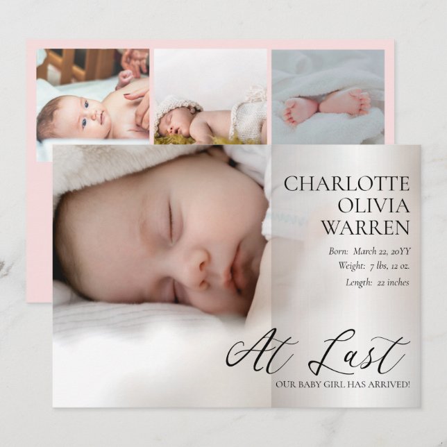 Faire-part À Dernier Script 4 Photo Bébé rose Naissance (Devant / Derrière)