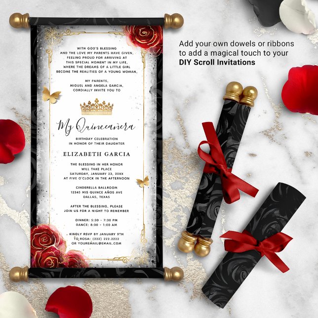 Faire-part à dérouler DIY Coings Rouge Noir et Bla (DIY scrolls do not come with dowels. Add your own or roll up with a ribbon for an elegant touch!)