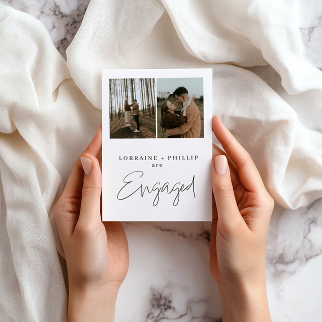 Faire-part à deux photos moderne et simple (Contemporary “We’re Engaged” 2-Photo Invitation.)
