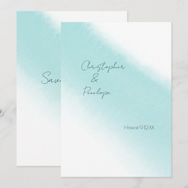 Faire-part à l'aquarelle calligraphie bleu aqua  (Devant / Derrière)