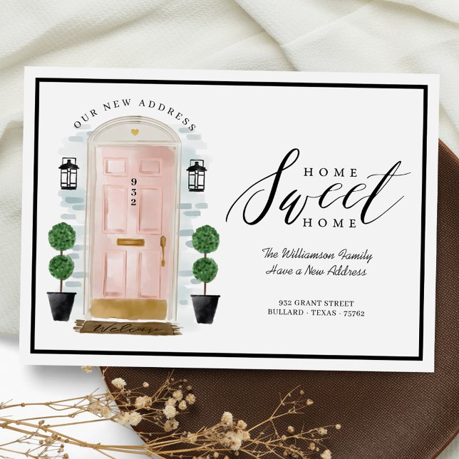 Faire-part Accueil Sweet Home - Nous avons déplacé Porte d'Aq (Home Sweet Home - We've Moved Pink Watercolor Door Announcement)