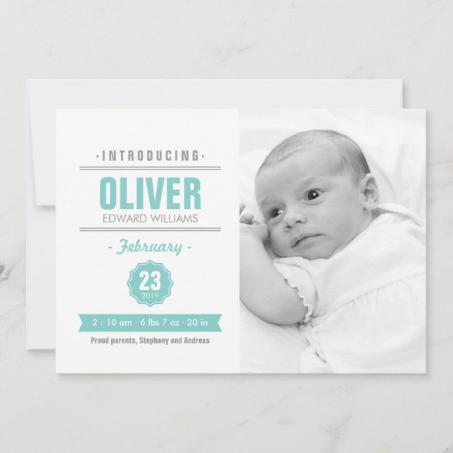 Faire-part Actualités modernes Mint Baby Birth Photo Faire-pa (Devant)