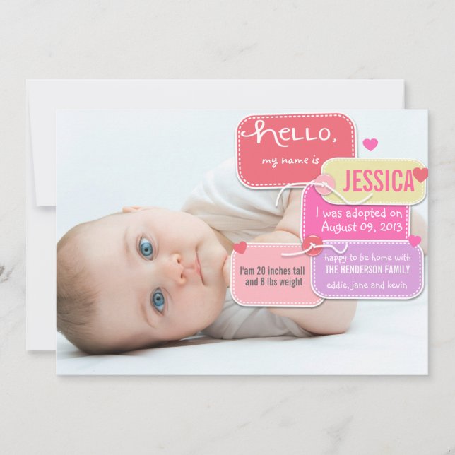 Faire-part Adoption personnalisée nouveau bébé fille faire-pa (Devant)
