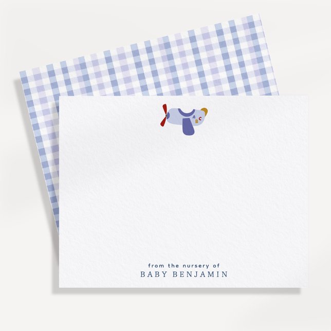 Faire-part Airplane Nursery Note Card with Blue Gingham Back (Créateur téléchargé)
