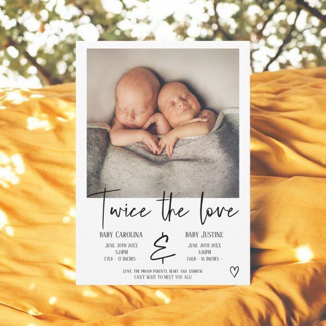 Faire-part Amour noir écriture cœur photo bébé jumeaux naissa (Love black script heart photo baby twins birth announcement)