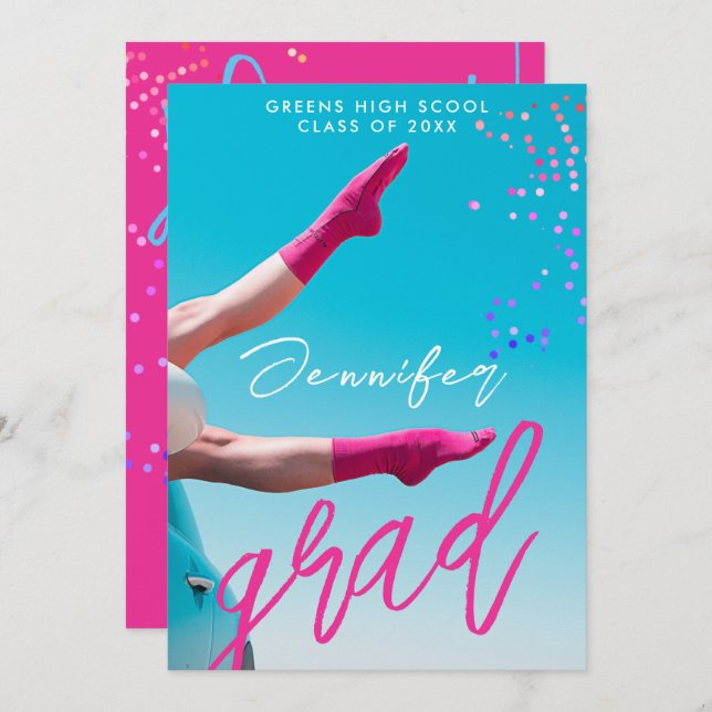Faire-part Amusants Moderne Hot rose Typo College School Grad (Devant / Derrière)