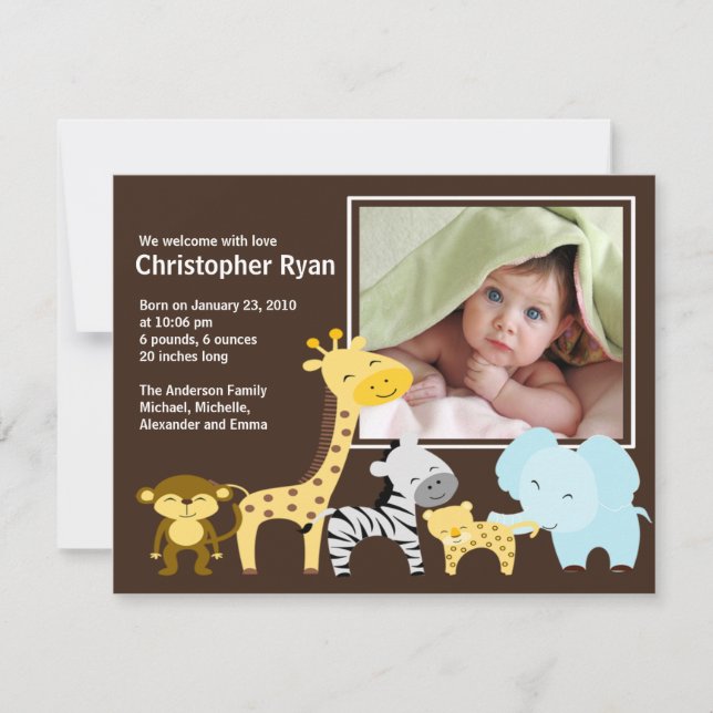 Faire-part animal de photo de naissance de bébé de (Devant)